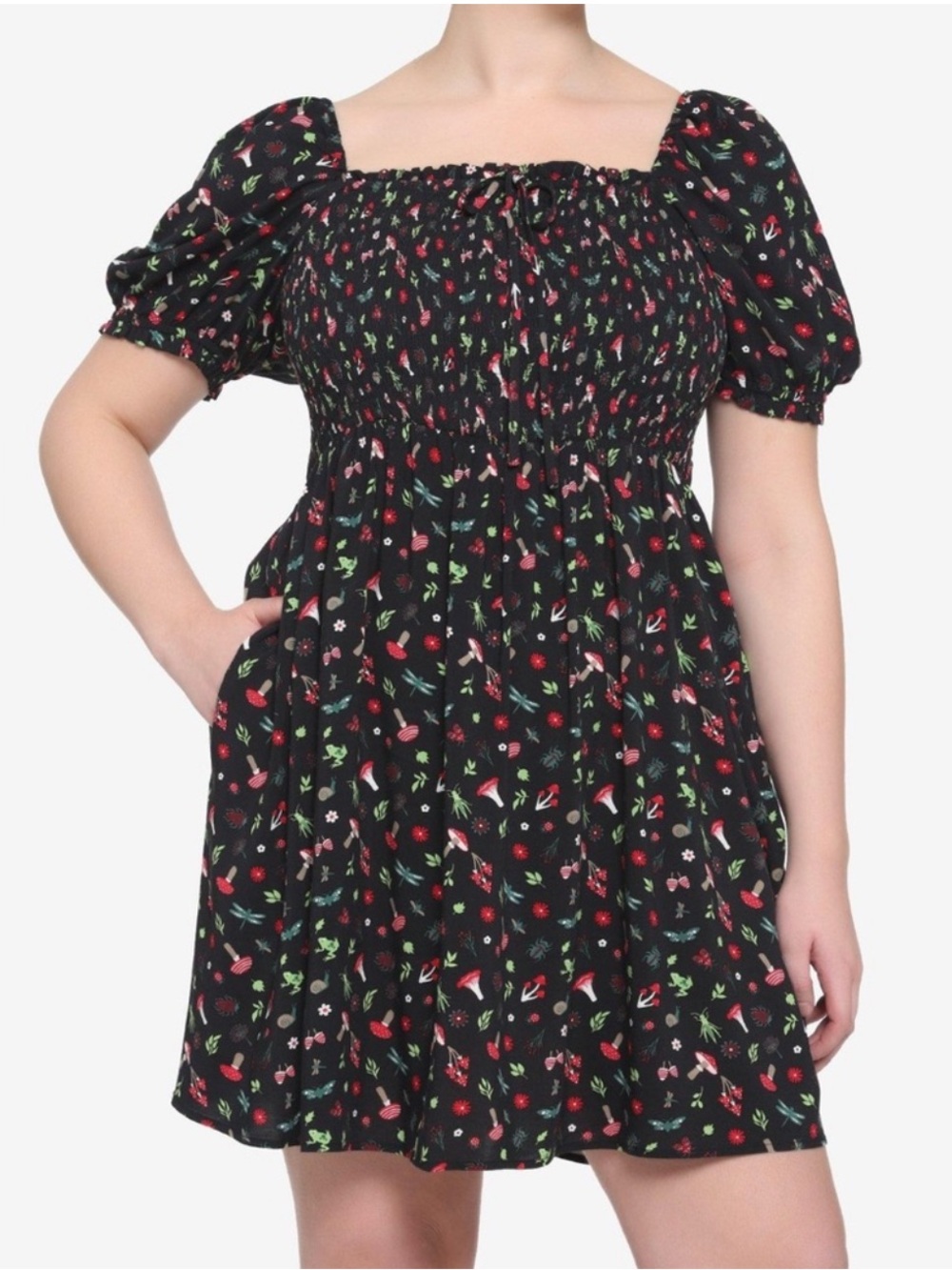 Hot Topic Mushroom Floral Smocked Dress Black Milkmaid Short Puff Sleeve X-Large